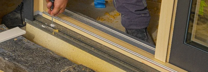 Person montiert Türrahmen mit Akkuschrauber.